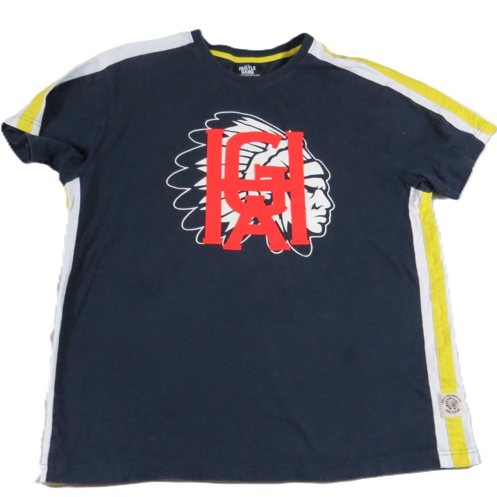 Hustle Gang Shirt Men XL Native American Chief Streetwear Graphic Tee Navy Blue‎